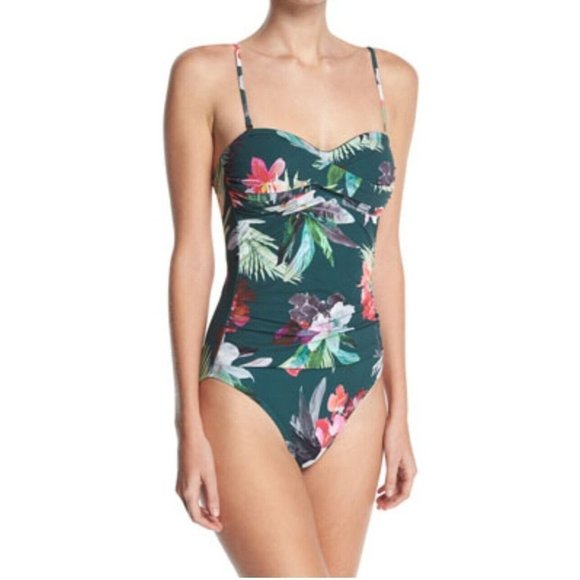 La Blanca Jungle Print Tropical Green Bandeau Halter One Piece Swimsuit Ruch | S - Picture 1 of 10